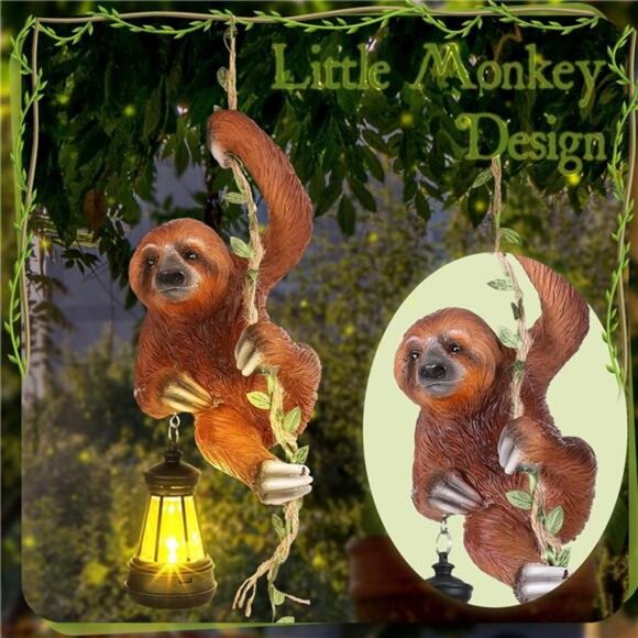 Solar Light Outdoor Statues 6.10''H Resin Sloth Climbing On A 24" L Vine Lantern - Picture 5 of 7
